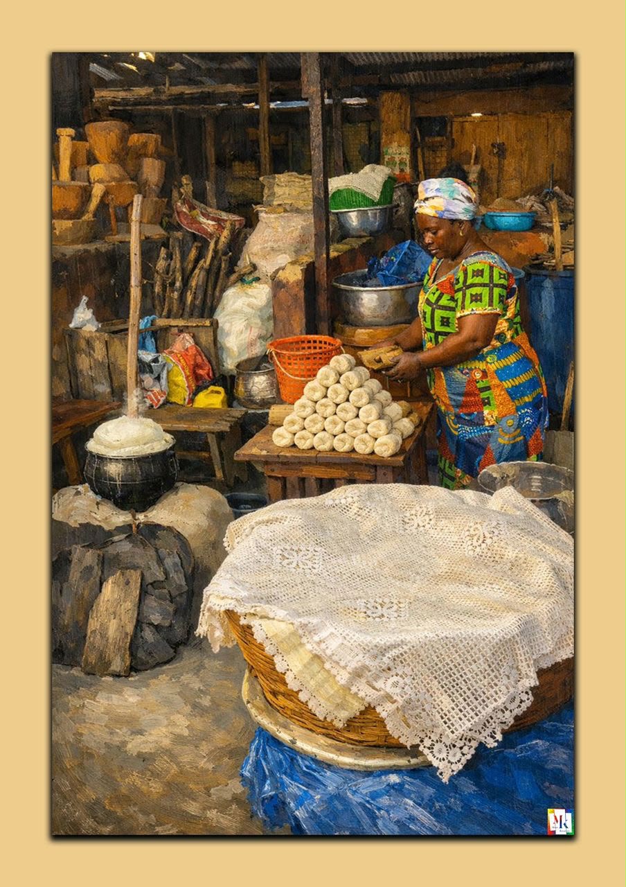 Morning Kenkey — a woman stacking kenkey in a wooden market shop